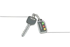 Continuous one line drawing realistic car keys black color isolated on white background. Set of electronic car key front and back view and alarm system. Single line design vector graphic illustration