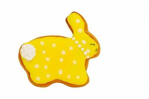 Gingerbread in the form of a yellow bunny with white polka dots. Delicious sweets for Easter isolate photo