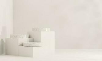 Brown and white pastel backdrop wall 3d render image mockup background of terrazzo podium in the circle. photo