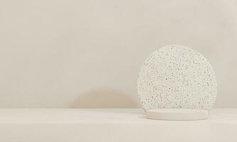 Brown and white pastel backdrop wall 3d render image mockup background of terrazzo podium in the circle. photo