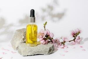 Dropper bottle on podium or pedestal from nature stone decorated with cherry blossom twigs photo