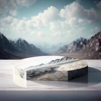 marble stone podium in the desert with mountains in the background, photo