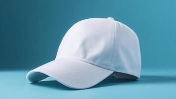 blanco béisbol gorra en un azul antecedentes. lado vista. de cerca, generativo ai foto