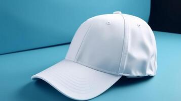 blanco béisbol gorra en un azul antecedentes. lado vista. de cerca, generativo ai foto