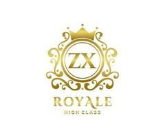 Golden Letter ZX template logo Luxury gold letter with crown. Monogram alphabet . Beautiful royal initials letter. vector