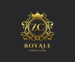 Golden Letter ZC template logo Luxury gold letter with crown. Monogram alphabet . Beautiful royal initials letter. vector