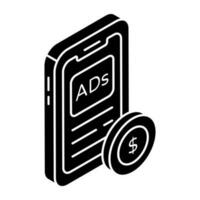 Conceptual solid design icon of mobile paid ad vector