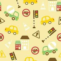 Seamless pattern vector of vehicles cartoon with traffic signs and buildings