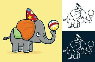 Cute elephant wearing cone hat playing ball in circus show. Vector cartoon illustration in flat icon style
