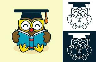 Cute owl with graduation cap reading a book. Vector cartoon illustration in flat icon style