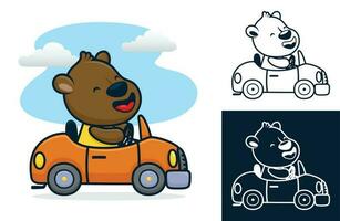 Happy bear driving car on blue sky background. Vector cartoon illustration in flat icon style