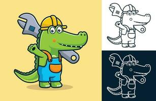 Crocodile in worker uniform with big monkey wrench. Vector cartoon illustration in flat icon style