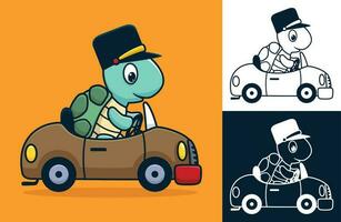 Tortuga vistiendo sombrero en coche. vector dibujos animados ilustración en plano icono estilo