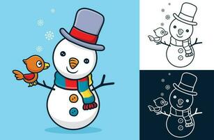 Little bird perch on snowman's hand. Vector cartoon illustration in flat icon style