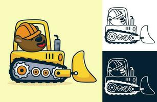 Little bear wearing worker helmet on bulldozer. Vector cartoon illustration in flat icon style