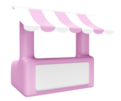 3d pink white booth shop icon or empty retail store front with striped awning isolated. startup franchise business concept, 3d render illustration png