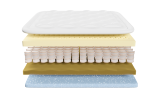 3d layered sheet material mattress with air fabric, pocket springs, natural latex, memory foam, soft sponge isolated. 3d render illustration png