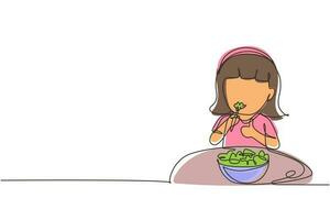 Single one line drawing little girl eating fresh vegetable salad and showing thumb up sign. Child eating salad. Healthy food for kids. Modern continuous line draw design graphic vector illustration