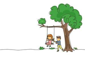 Continuous one line drawing happy boys and girls playing on tree swing. Cheerful kids on swinging under a tree. Cute children playing in playground. Single line draw design vector graphic illustration