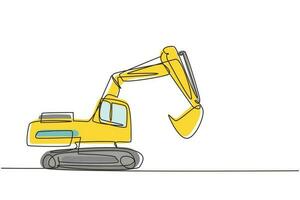 Single continuous line drawing digger hydraulic excavator with dipper. Heavy automobile. Auto in flat design. Children's toy hydraulic excavator. One line draw graphic design vector illustration