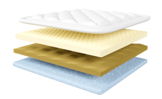 3d 4 layered sheet material mattress with fabric, soft sponge, latex, memory foam isolated. minimal abstract, 3d render illustration png