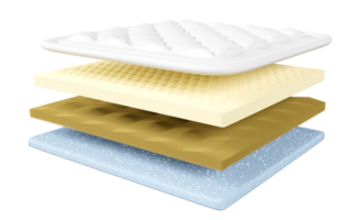 3d 4 gelaagde vel materiaal matras met kleding stof, zacht spons, latex, geheugen schuim geïsoleerd. minimaal abstract, 3d geven illustratie png