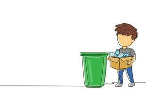 Continuous one line drawing boy gathering garbage and plastic waste for recycling. Kid picking up plastic bottles into garbage. Waste recycling for reuse. Single line draw design vector graphic