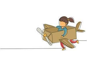 Single continuous line drawing creative girl playing as a pilot with cardboard airplane. Happy kids riding cardboard handmade airplane. Plane game. One line draw graphic design vector illustration