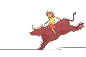 dibujo continuo de una línea feliz linda niña montando toro. niño sentado en la espalda toro con silla de montar en el rancho de vaqueros. niños aprendiendo a montar toros. ilustración gráfica de vector de diseño de dibujo de una sola línea