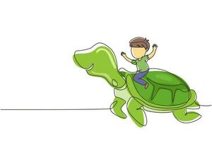 Single continuous line drawing little boy riding sea turtle. Child sitting on back tortoise with fins diving in beach. Kids learning to ride turtle. One line draw graphic design vector illustration