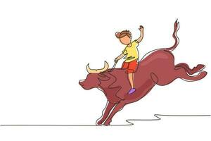 Single continuous line drawing happy little boy riding hippo. Child sitting on back hippopotamus in zoo. Kids learning to ride hippopotamus. Dynamic one line draw graphic design vector illustration