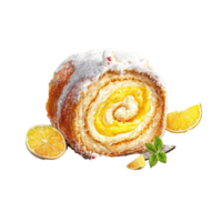 Lemon with Lemon Curd and Powdered Sugar Sweet roll cake, isolated object, watercolor illustration, png