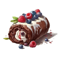 chocolate con azotado crema y Fresco bayas dulce rodar pastel, aislado objeto, acuarela ilustración, ai generativo png
