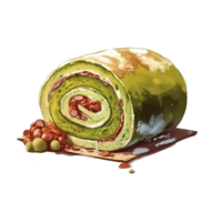 Matcha Green Tea with Red Bean Sweet roll cake, isolated object, watercolor illustration, png