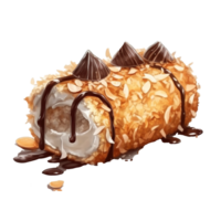 Noce di cocco con tostato Noce di cocco fiocchi e pioggerella cioccolato dolce rotolo torta, isolato oggetto, acquerello illustrazione, ai generativo png