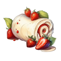 fresa torta de frutas y azotado crema dulce rodar pastel, aislado objeto, acuarela ilustración, ai generativo png