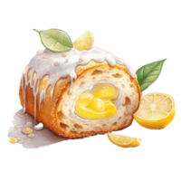 Lemon with Lemon Curd and Powdered Sugar Sweet roll cake, isolated object, watercolor illustration, png