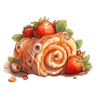 fresa torta de frutas y azotado crema dulce rodar pastel, aislado objeto, acuarela ilustración, ai generativo png