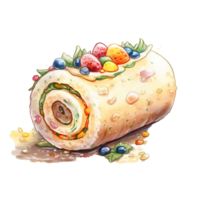 Vanilla Sponge with Buttercream and Sprinkles Sweet roll cake, isolated object, watercolor illustration, png