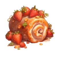 Strawberry Shortcake and Whipped Cream Sweet roll cake, isolated object, watercolor illustration, png