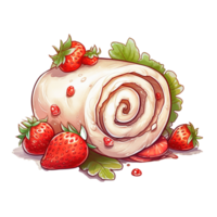 Strawberry Shortcake and Whipped Cream Sweet roll cake, isolated object, watercolor illustration, png