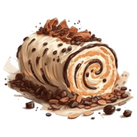 Coffee with Espresso Buttercream and Chocolate Shavings Sweet roll cake, isolated object, watercolor illustration, png