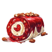 rojo terciopelo con crema queso y aplastada nueces pecanas dulce rodar pastel, aislado objeto, acuarela ilustración, ai generativo png