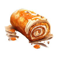 calabaza con canela crema dulce rodar pastel, aislado objeto, acuarela ilustración, ai generativo png