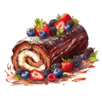 chocolate con azotado crema y Fresco bayas dulce rodar pastel, aislado objeto, acuarela ilustración, ai generativo png