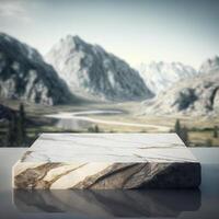 marble stone podium in the desert with mountains in the background, photo