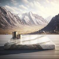 marble stone podium in the desert with mountains in the background, photo