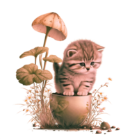 illustration of cat with mushroom plant, cute, kawaii, adorable, png