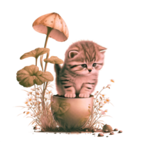 illustration de chat avec champignon usine, mignon, kawaii, adorable, ai génératif png