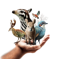 Earth Day or World Wildlife Day concept Save our planet, protect green nature and endangered species, biological diversity theme. Group of wild animals and flock of butterflies. png